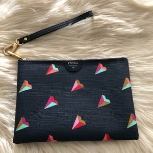 Fossil navy safiano textile wristlet pouch with colorful diamond shapes